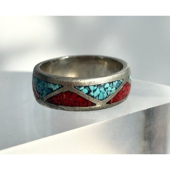 Vintage Turquoise & Red Stone Inlaid Geometric Navajo Style Band Ring - sz 9.25 - Picture 4 of 7